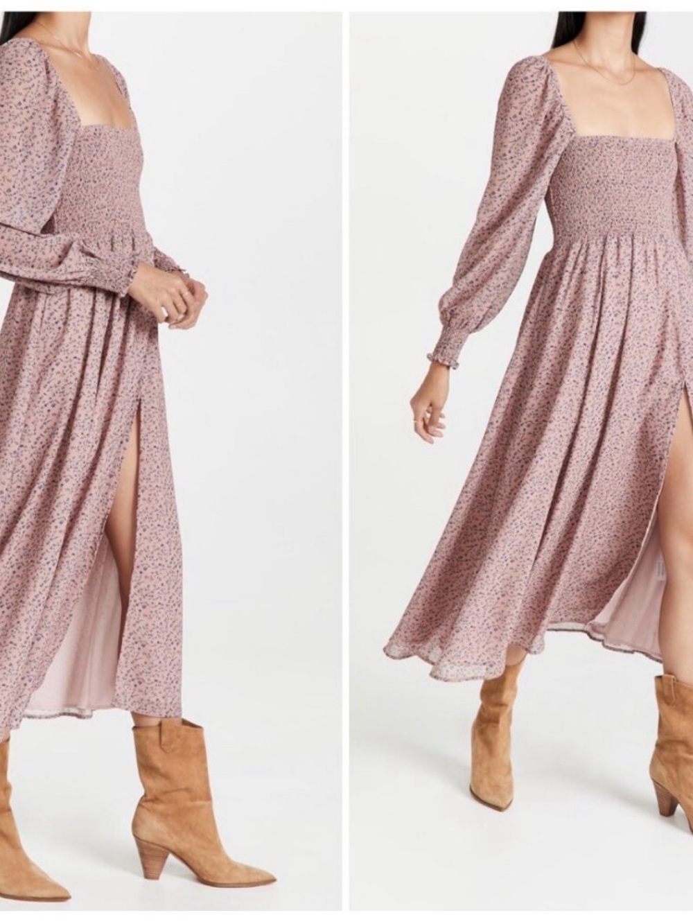 O.P.T. Smocked Square-Neck Maxi Dress in Dusty Pink Floral